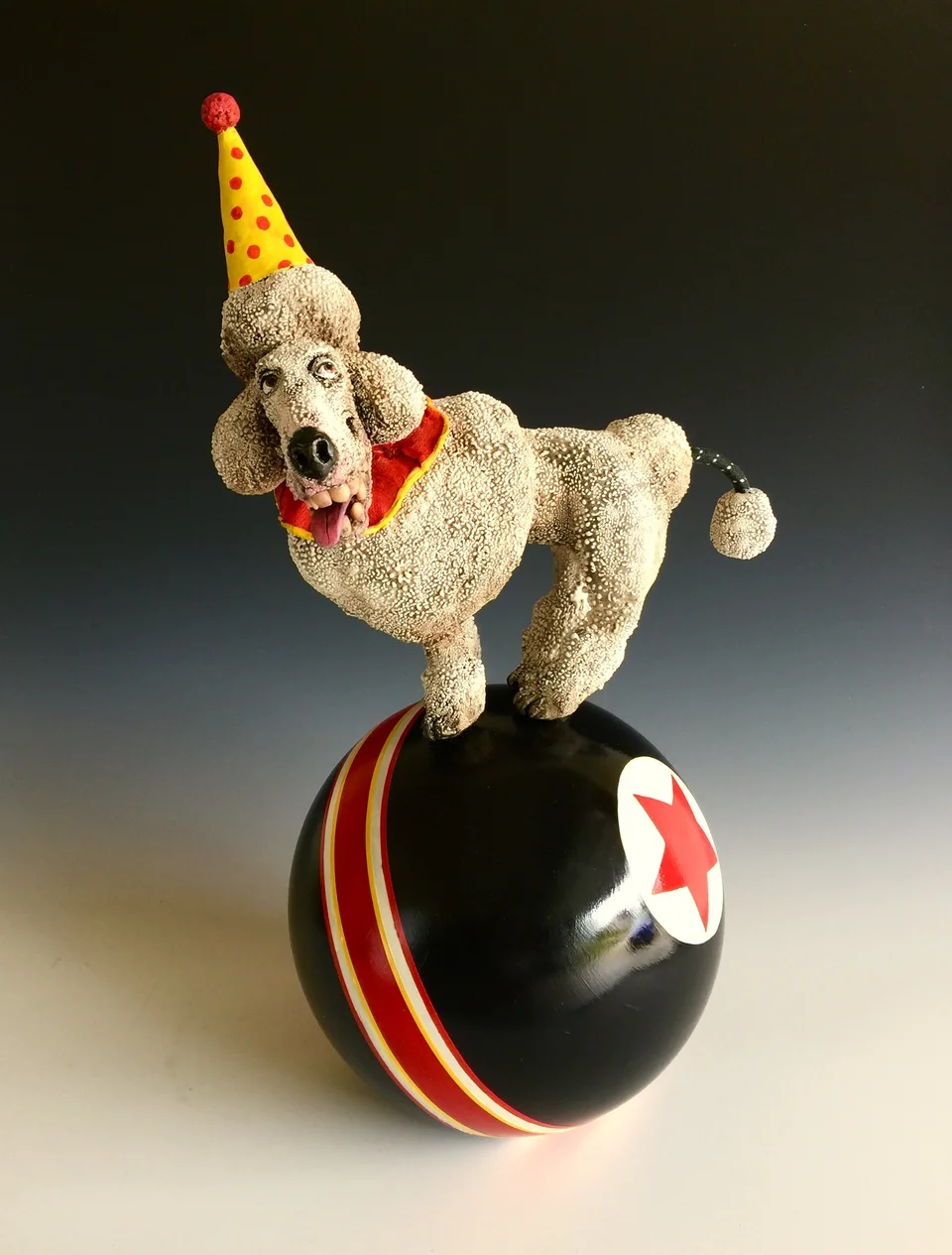 Balancing Circus Poodle — ceramic and mixed-media sculpture by Steve Jones