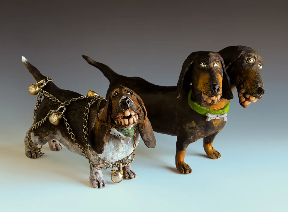 Sideshow Dogs — ceramic and mixed-media sculpture by Steve Jones