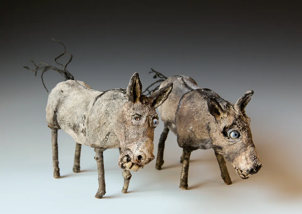 Jackasses each — ceramic and mixed-media sculpture by Steve Jones