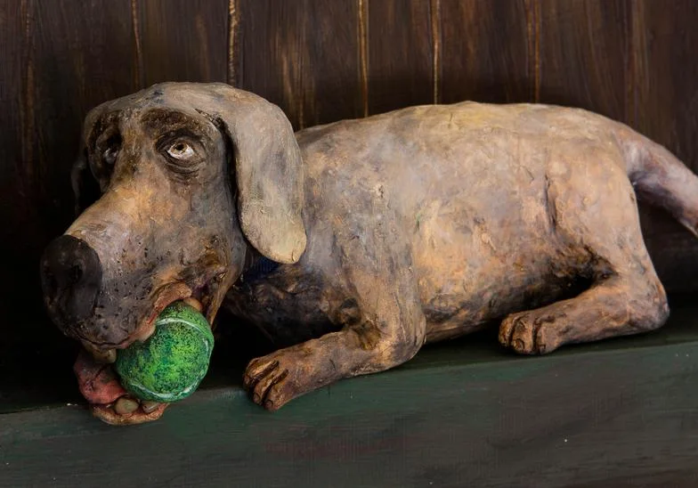Dreaming Dog close-up — ceramic and mixed-media sculpture by Steve Jones