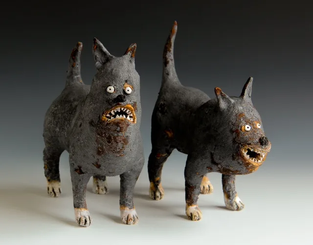 Monster Dogs each — ceramic and mixed-media sculpture by Steve Jones