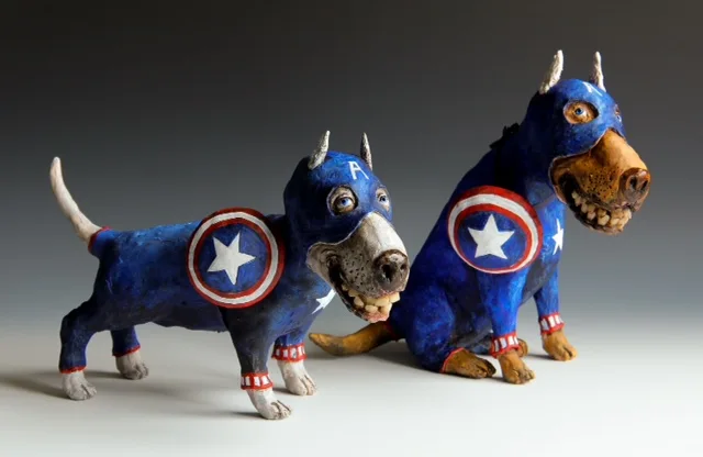 Captain America Dogs white dog — ceramic and mixed-media sculpture by Steve Jones