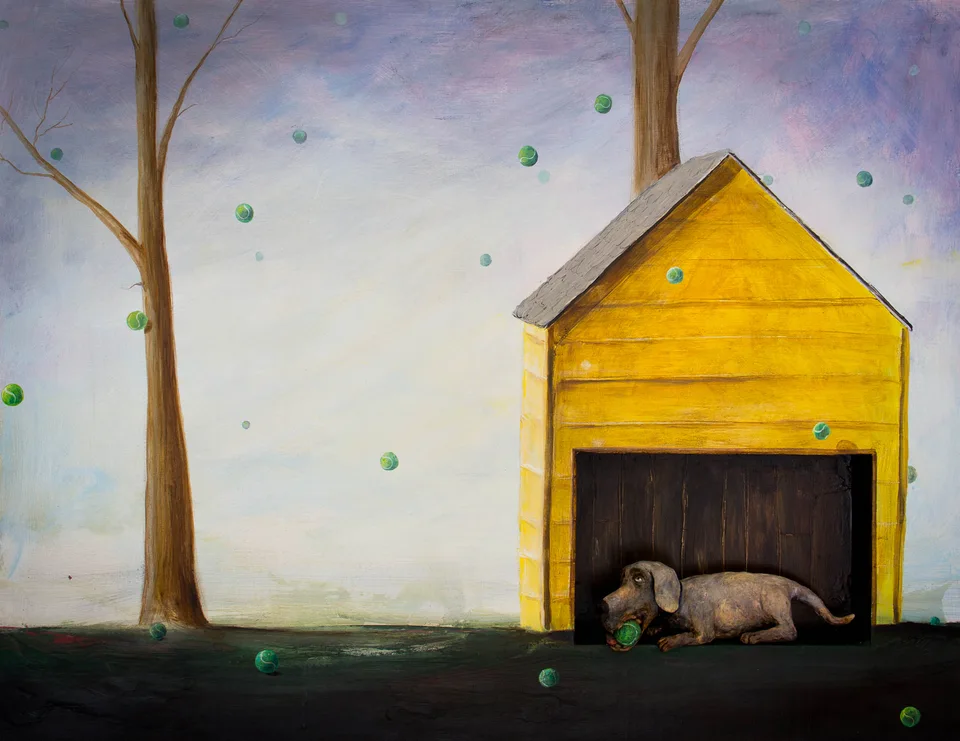 Dreaming Dog — ceramic and mixed-media sculpture by Steve Jones