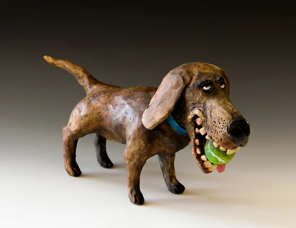 Tennis Ball Fetcher — ceramic and mixed-media sculpture by Steve Jones