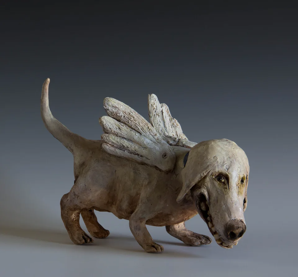 Dog From Heaven — ceramic and mixed-media sculpture by Steve Jones