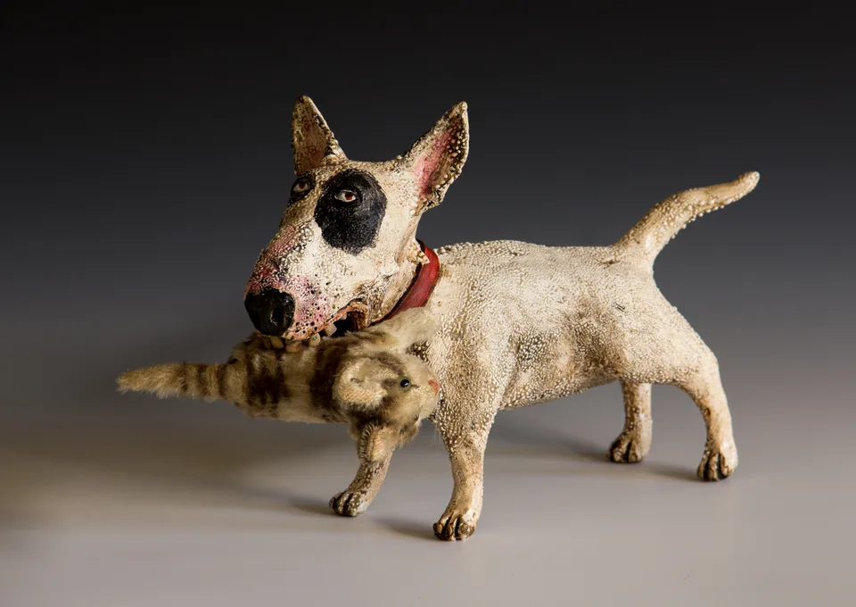 Bull Terrier with Kitten — ceramic and mixed-media sculpture by Steve Jones