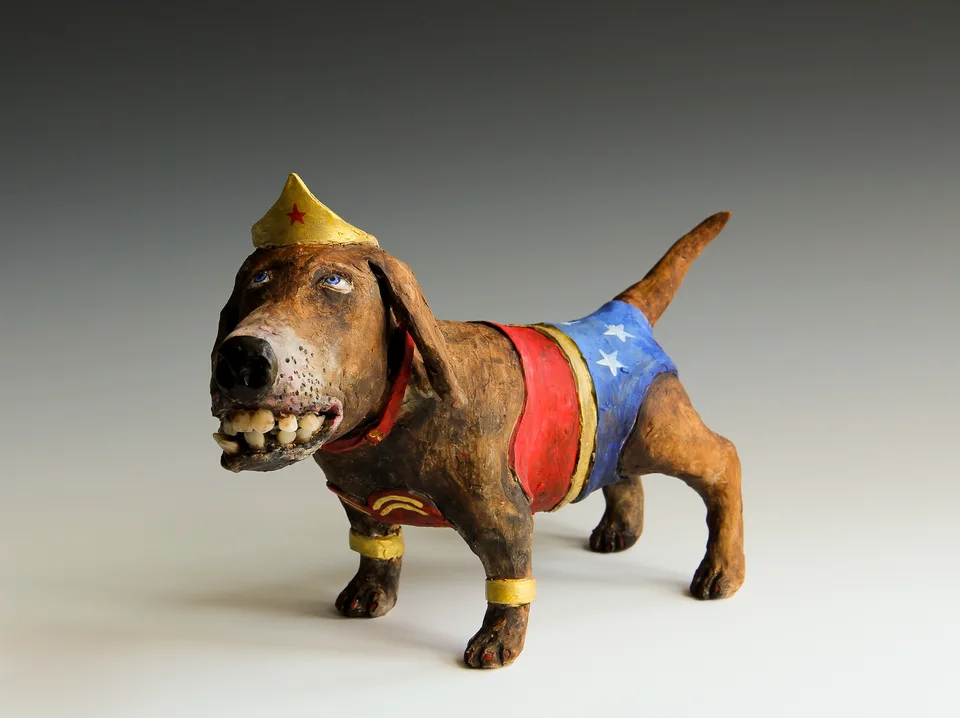 Wonder Dog — ceramic and mixed-media sculpture by Steve Jones