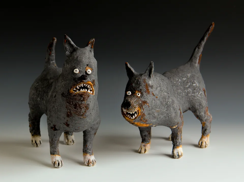 Dog Monsters each — ceramic and mixed-media sculpture by Steve Jones