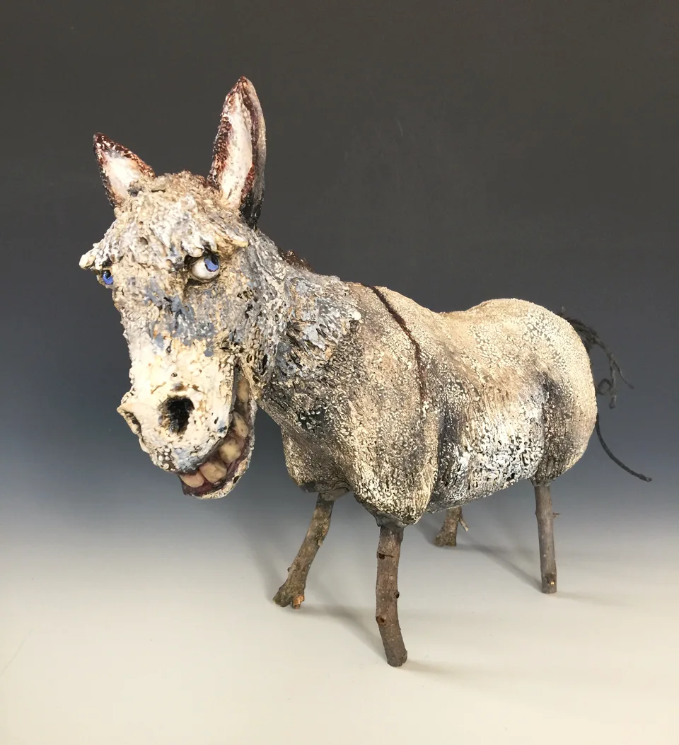 Grinning Mule — ceramic and mixed-media sculpture by Steve Jones
