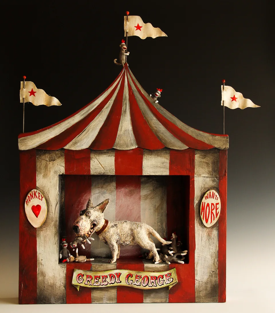 Greedy George — ceramic and mixed-media sculpture by Steve Jones