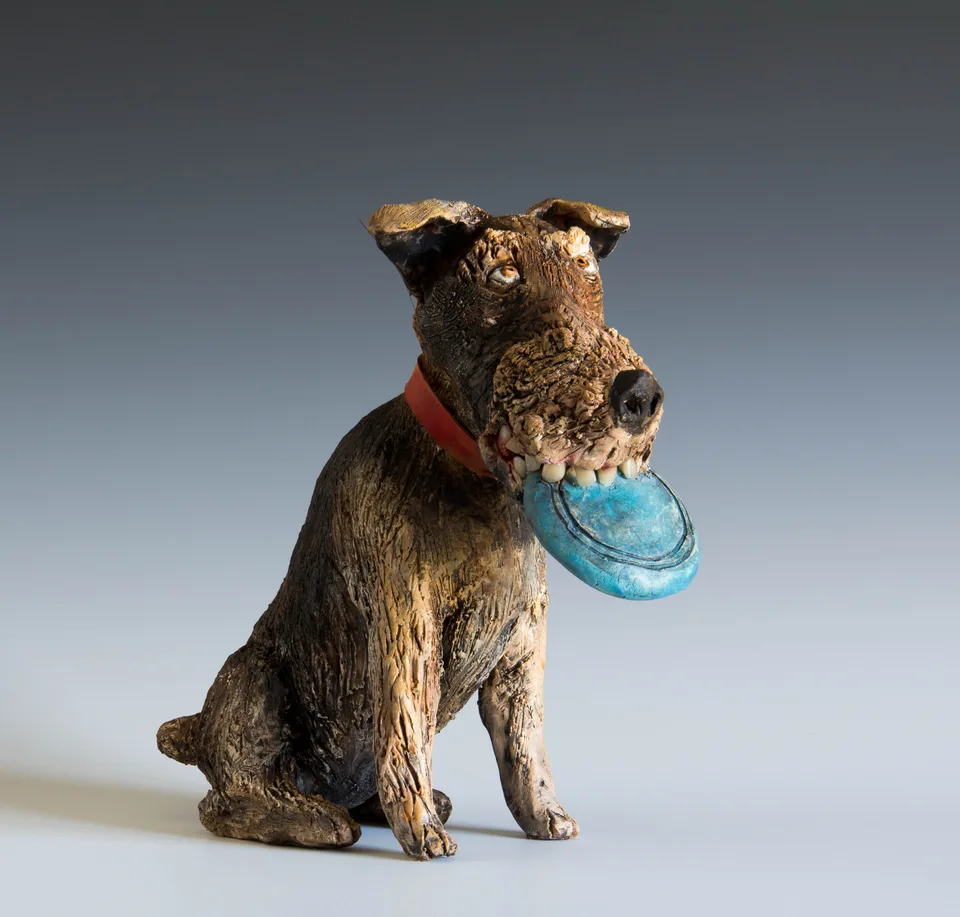 Frisbee Terrier — ceramic and mixed-media sculpture by Steve Jones