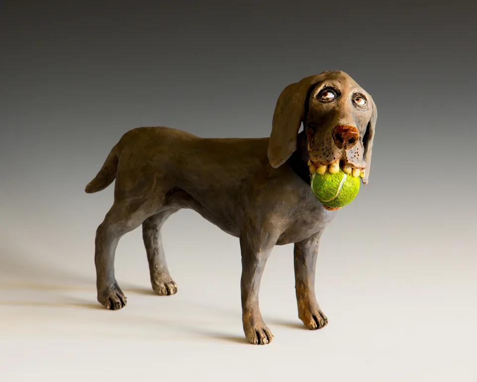 Weimaraner with Ball — ceramic and mixed-media sculpture by Steve Jones
