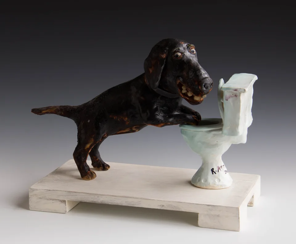Thirsty Dog — ceramic and mixed-media sculpture by Steve Jones