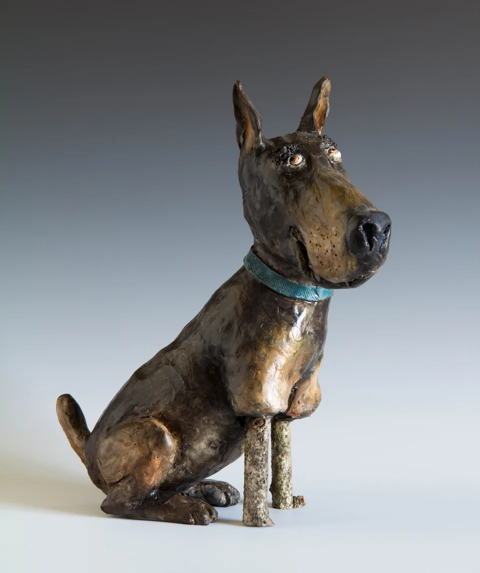 Brownish Dog with Stick Legs — ceramic and mixed-media sculpture by Steve Jones