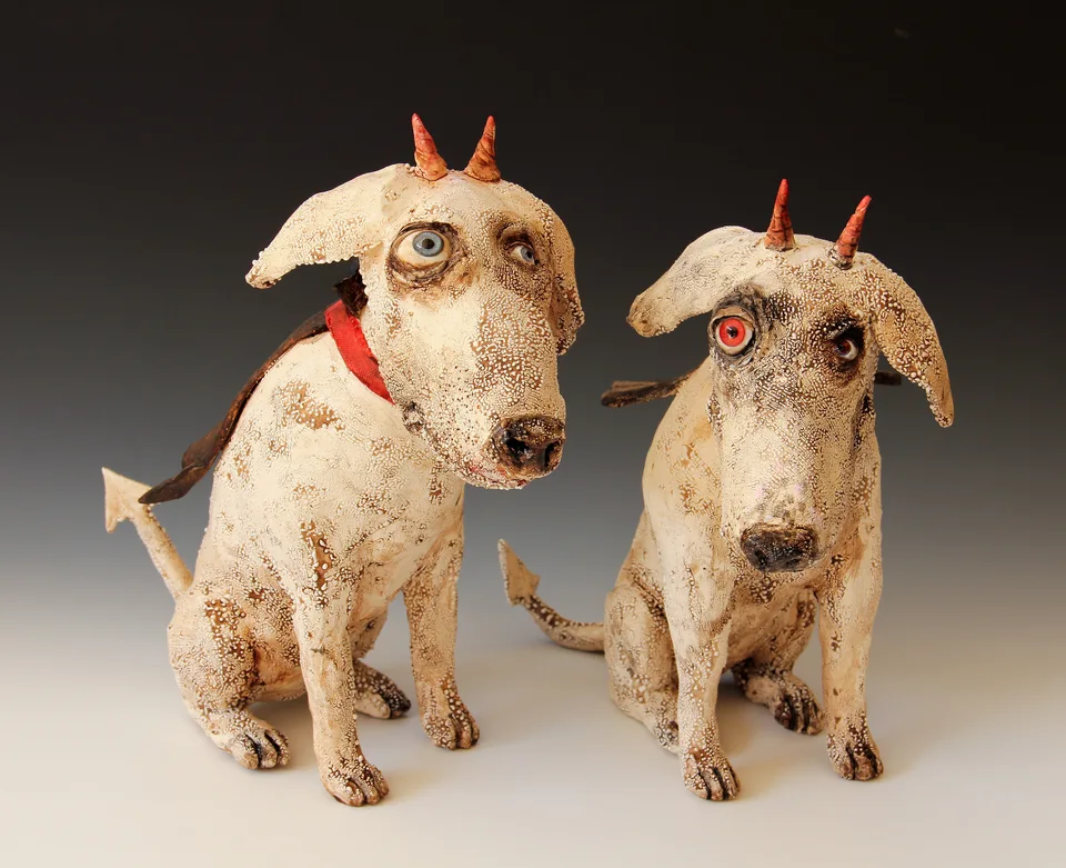 Devil Dogs — ceramic and mixed-media sculpture by Steve Jones