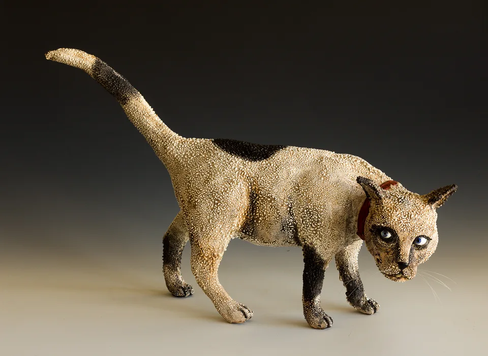 Glass Eyed Cat — ceramic and mixed-media sculpture by Steve Jones