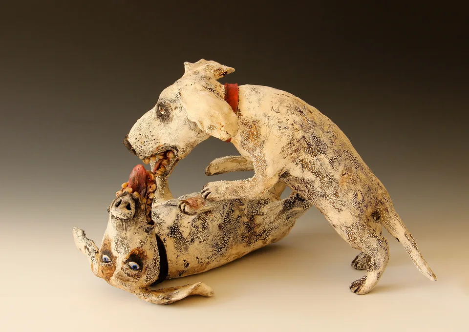 Wrestlers — ceramic and mixed-media sculpture by Steve Jones