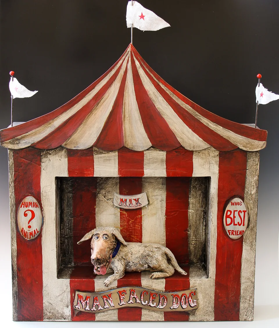 Man Faced Dog — ceramic and mixed-media sculpture by Steve Jones