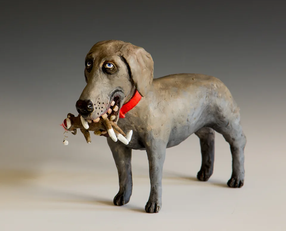 Sock Monkey Dog — ceramic and mixed-media sculpture by Steve Jones