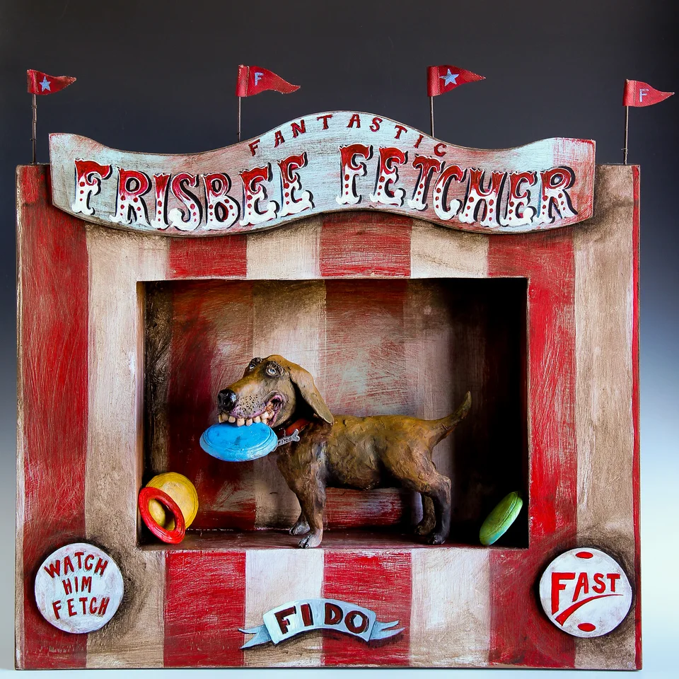 Frisbee Fetcher — ceramic and mixed-media sculpture by Steve Jones