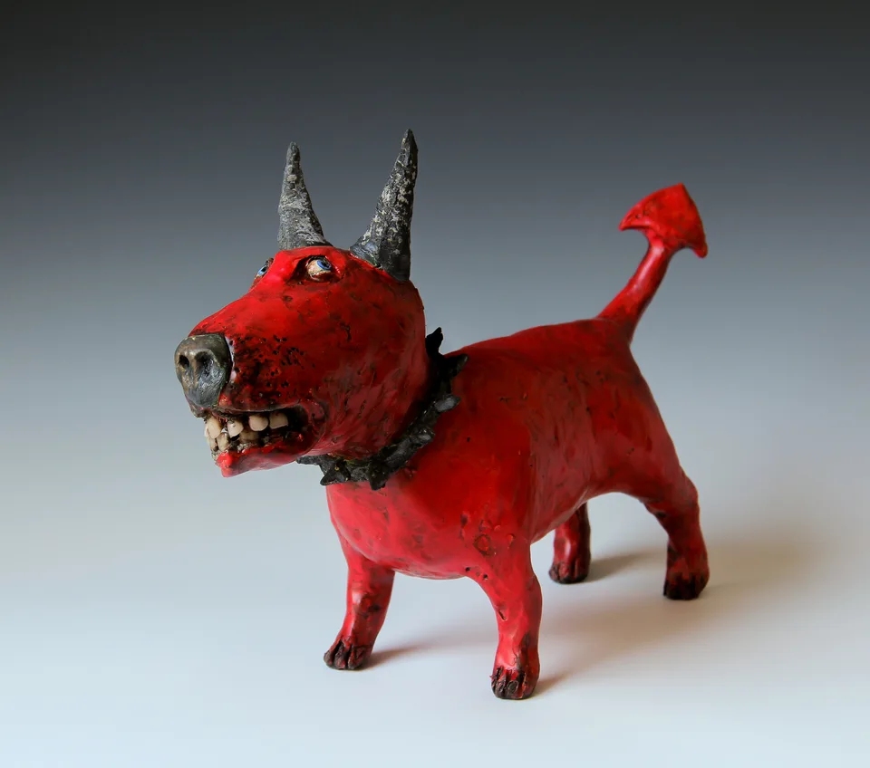 Evil Dog — ceramic and mixed-media sculpture by Steve Jones