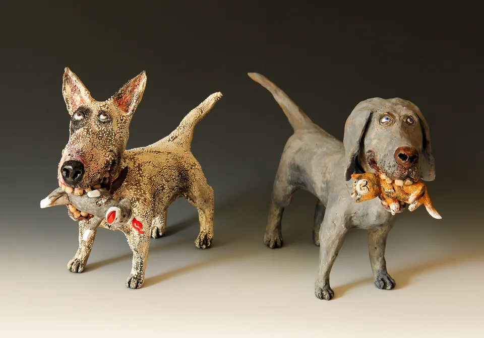 Sock Monkey Dog and Chewed Kitty — ceramic and mixed-media sculpture by Steve Jones