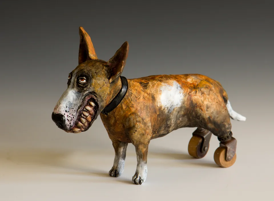 Wheely Dog — ceramic and mixed-media sculpture by Steve Jones