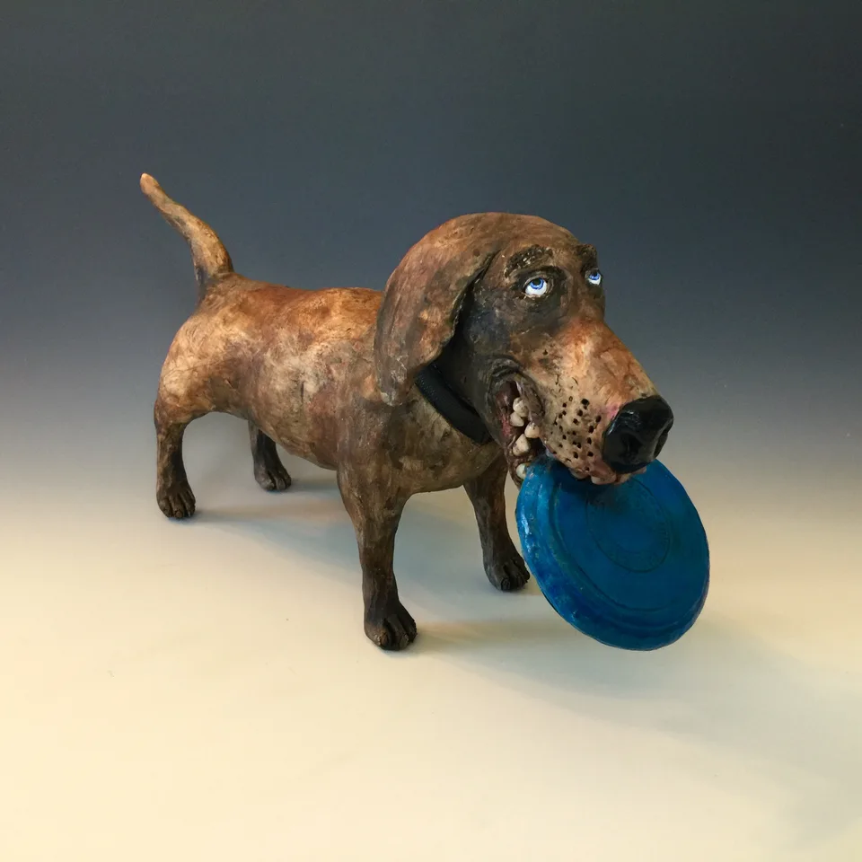 Frisbee Fetcher — ceramic and mixed-media sculpture by Steve Jones