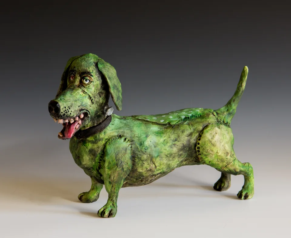 Weenie named Frank — ceramic and mixed-media sculpture by Steve Jones