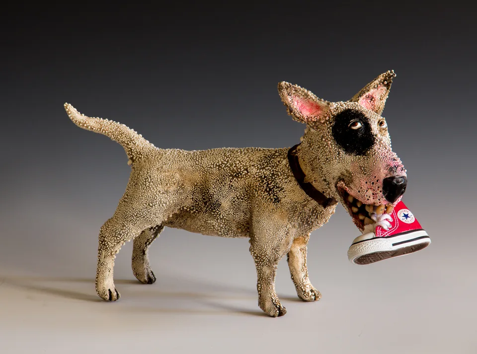 Terrier with Shoe — ceramic and mixed-media sculpture by Steve Jones