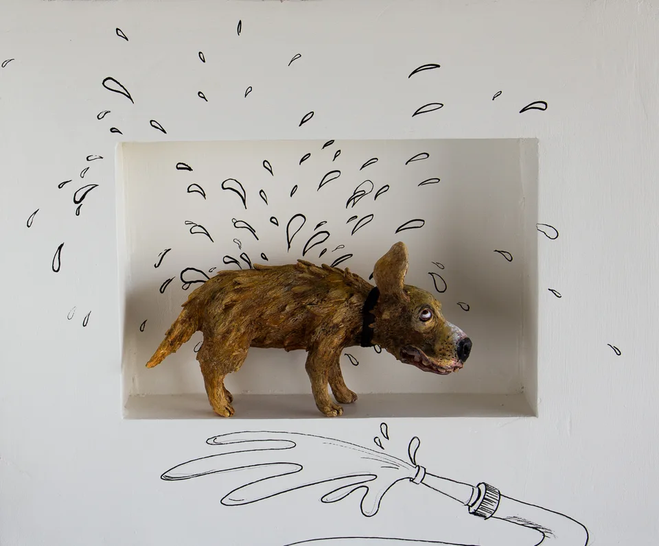 Wet Dog — ceramic and mixed-media sculpture by Steve Jones