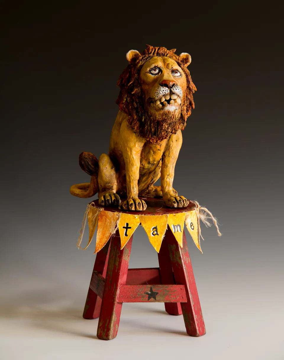 Tame Lion — ceramic and mixed-media sculpture by Steve Jones