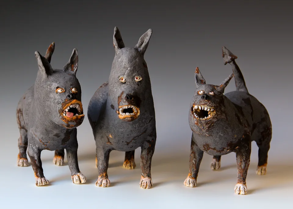 Monster Dogs each — ceramic and mixed-media sculpture by Steve Jones
