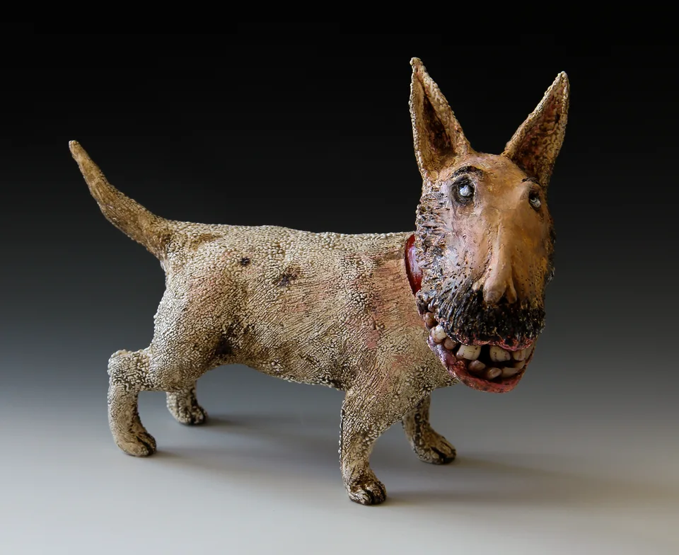Man Faced Dog — ceramic and mixed-media sculpture by Steve Jones